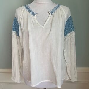 Nili Lotan Embroidered Cotton Blouse, White and Blue, Crochet Details